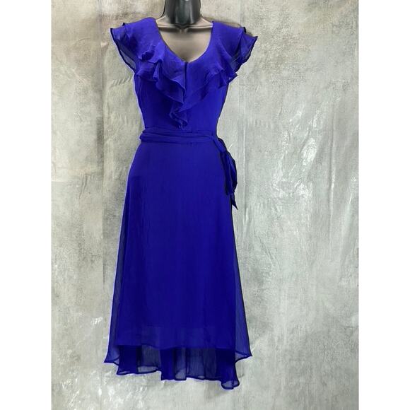 DKNY Women's Blue Ruffle Belted V-Neck Mesh Short-Sleeve Midi Dress SZ 2 - Picture 1 of 12